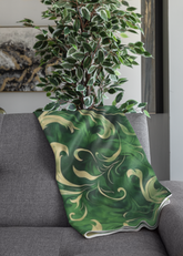 Lush Foliage Flourish A Dynamic Green and Gold Floral Velveteen Fleece Throw Blanket